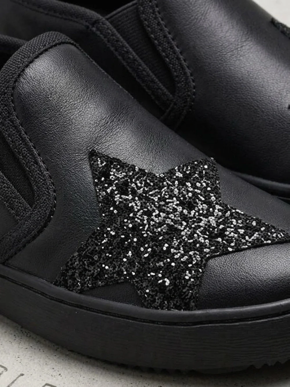 Geox Girl Slip-On Shoes in Black with Black Glitter Stars. Italian Brand